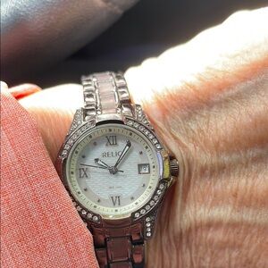 Relic White and Brown Watch with Crystal Details